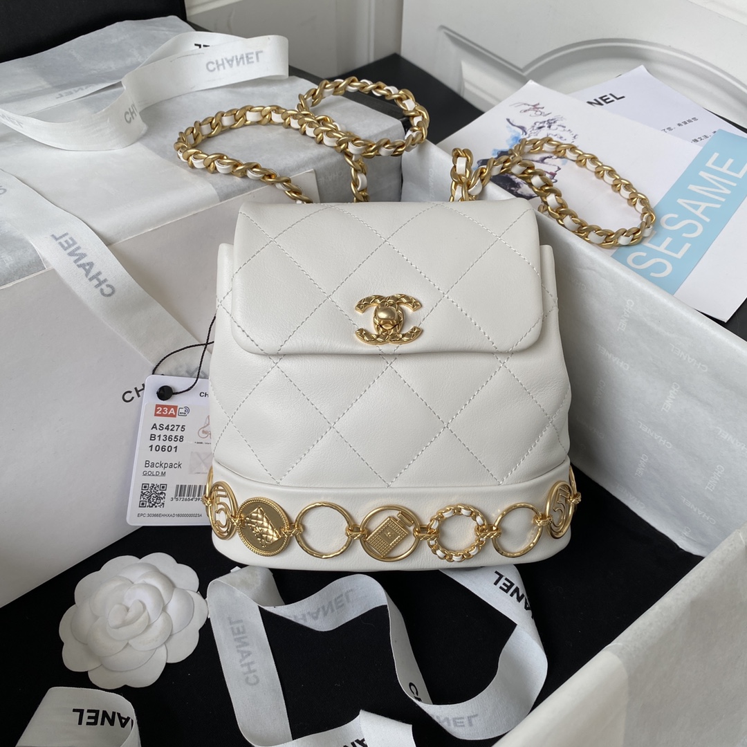 TOP CHANEL 23b Gold Coin Backpacks - 18X18X8cm - GHW - White/Black