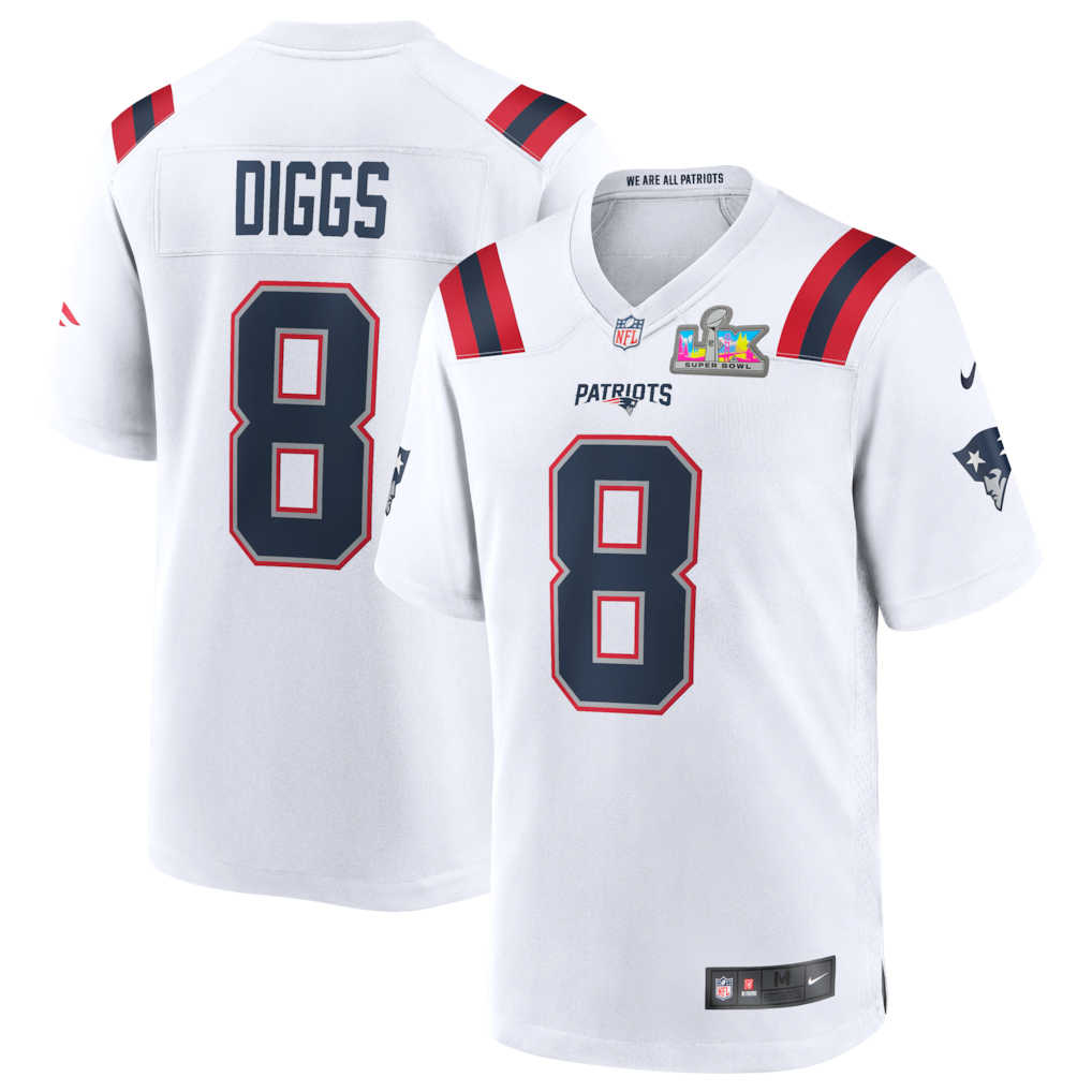 New England Patriots Road Game Super Bowl LX Patch Jersey - White - Stefon Diggs - Mens