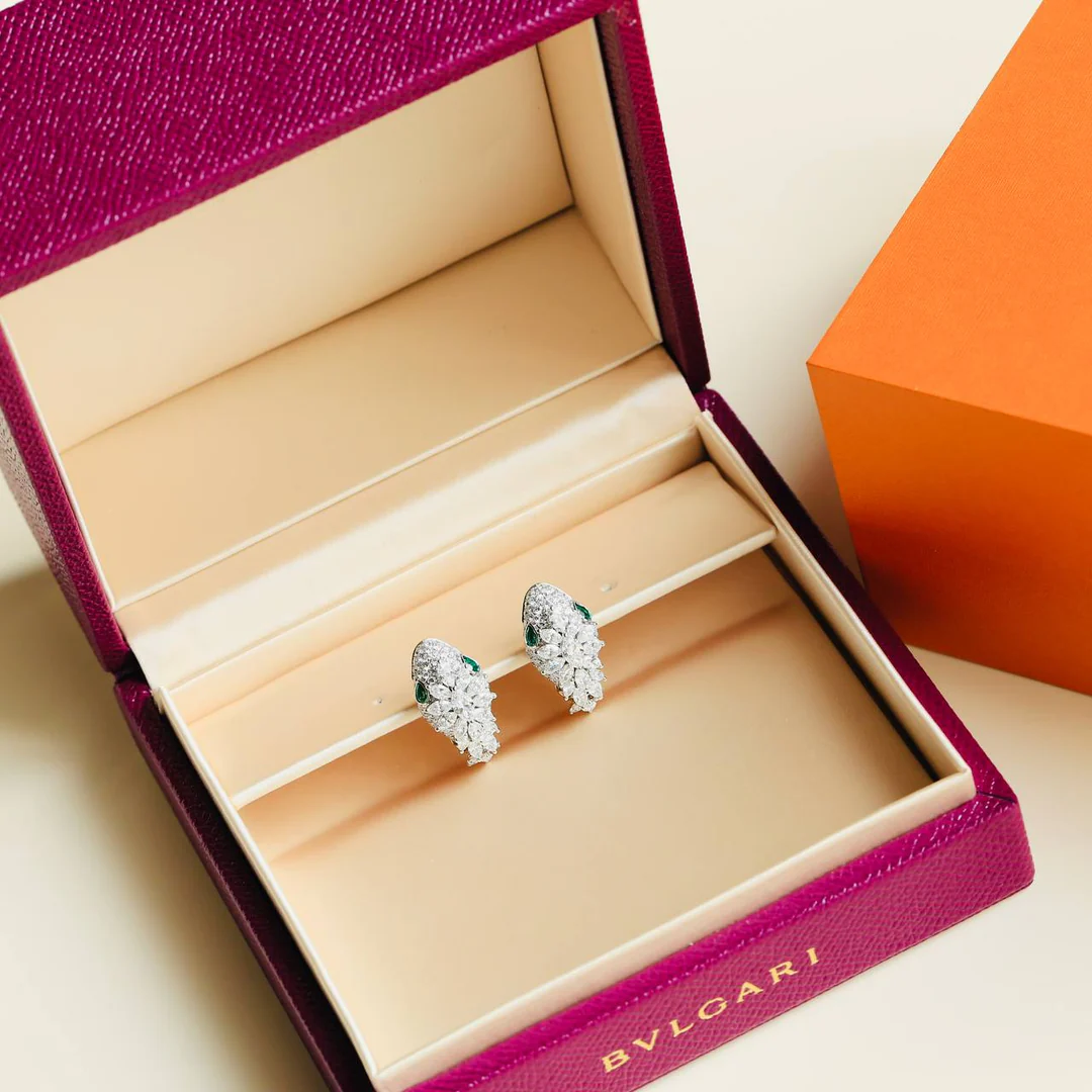 TOP BVLGARI Serpenti Platinum 18k Yellow Gold Diamond Emerald Earrings-Gold