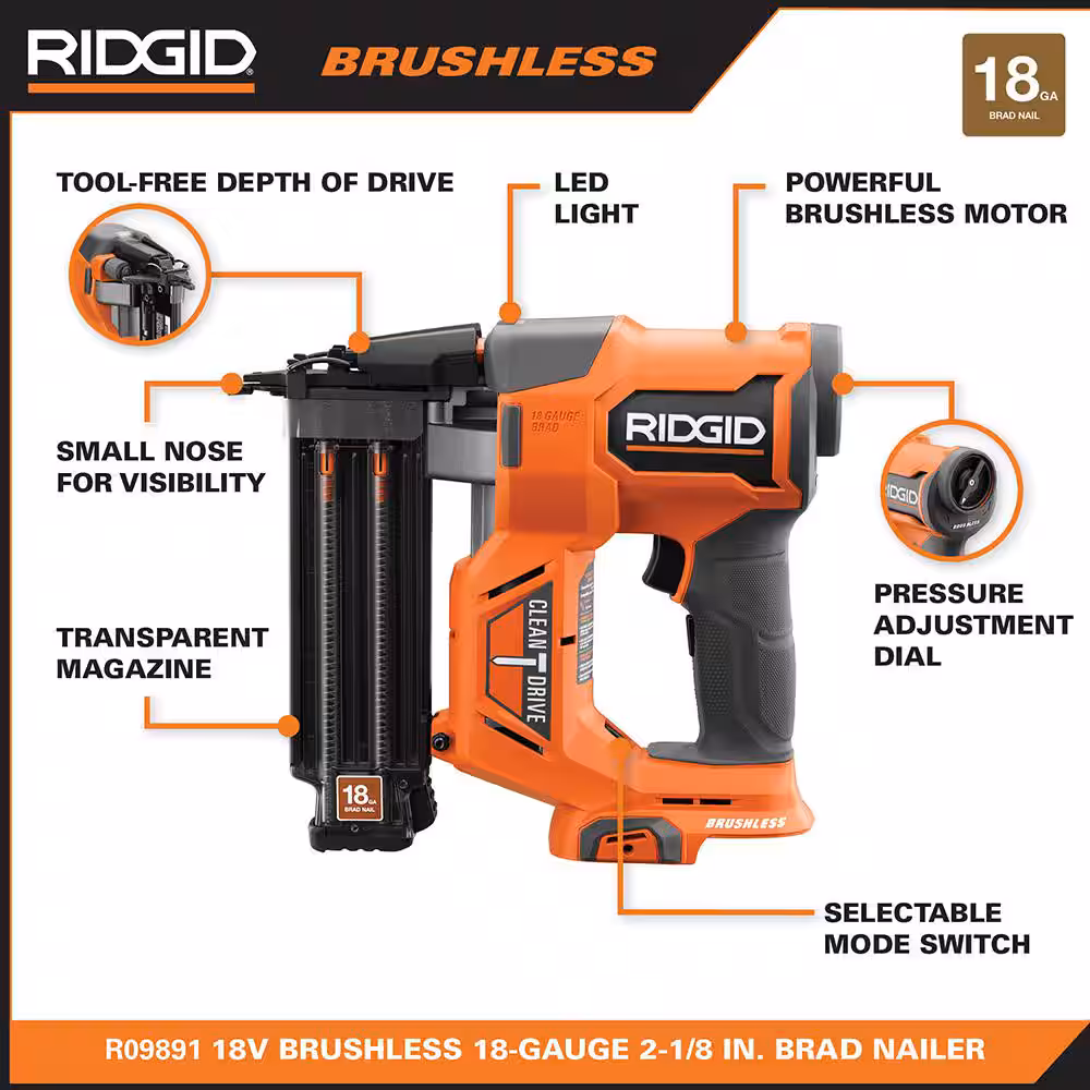 18V Brushless Cordless 18-Gauge 2-1/8 in. Brad Nailer with CLEAN DRIVE Technology with 2.0 Ah Battery and Charger