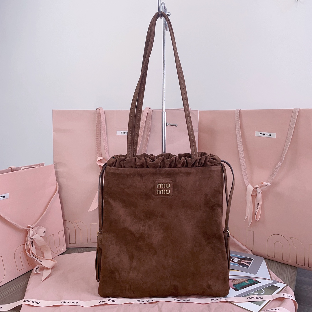 TOP Miu Miu Tote Bag with Tassel Drawstring Suede 28x31cm - Brown