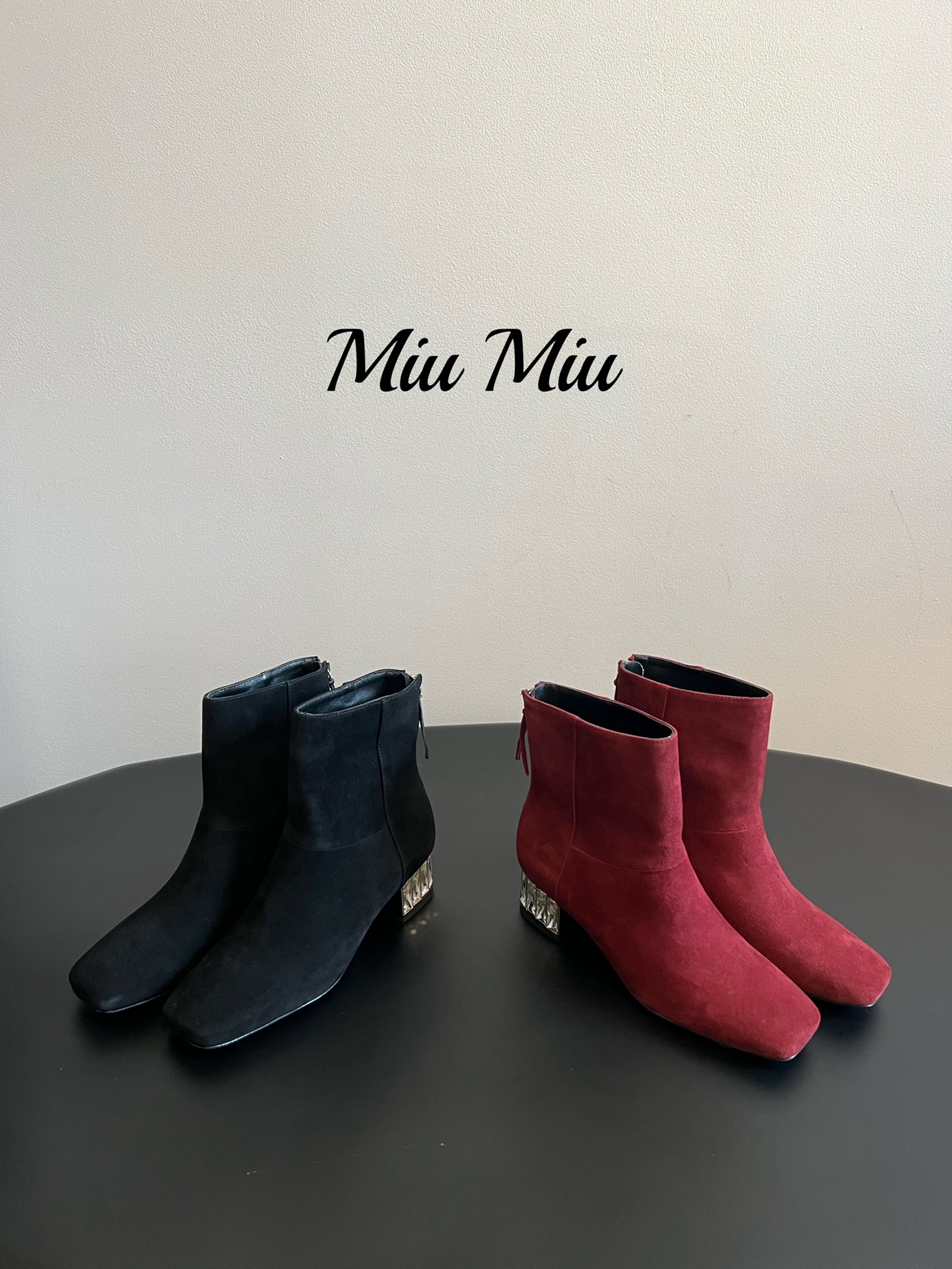 TOP Miu Miu Diamond Heel Square Toe Short/Long Boots - 2 Color