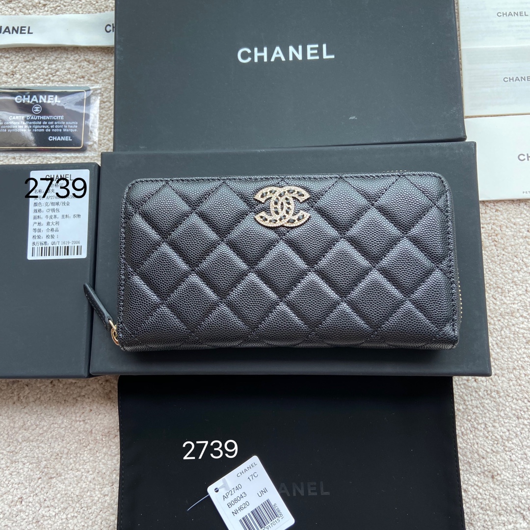 TOP CHANEL Wallet Grained Calfskin 19.5×10.5×2cm - Black & GHW