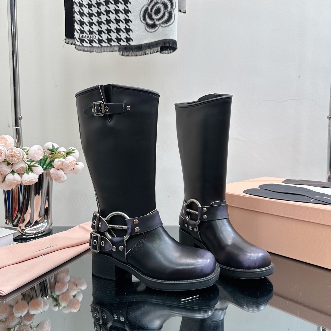 TOP Miu Miu Retro Western Catwalk Motorcycle High Boots - 3 Colors - Waxed Calfskin with 1 Buckle