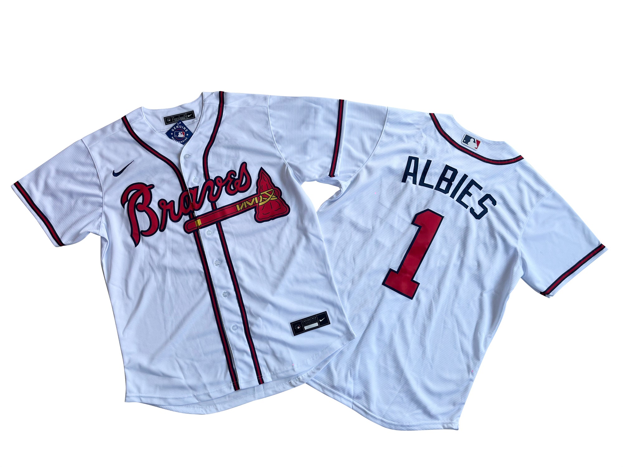 Men's Atlanta Braves 1# Ozzie Albies  White Home Replica Player Name Jersey.