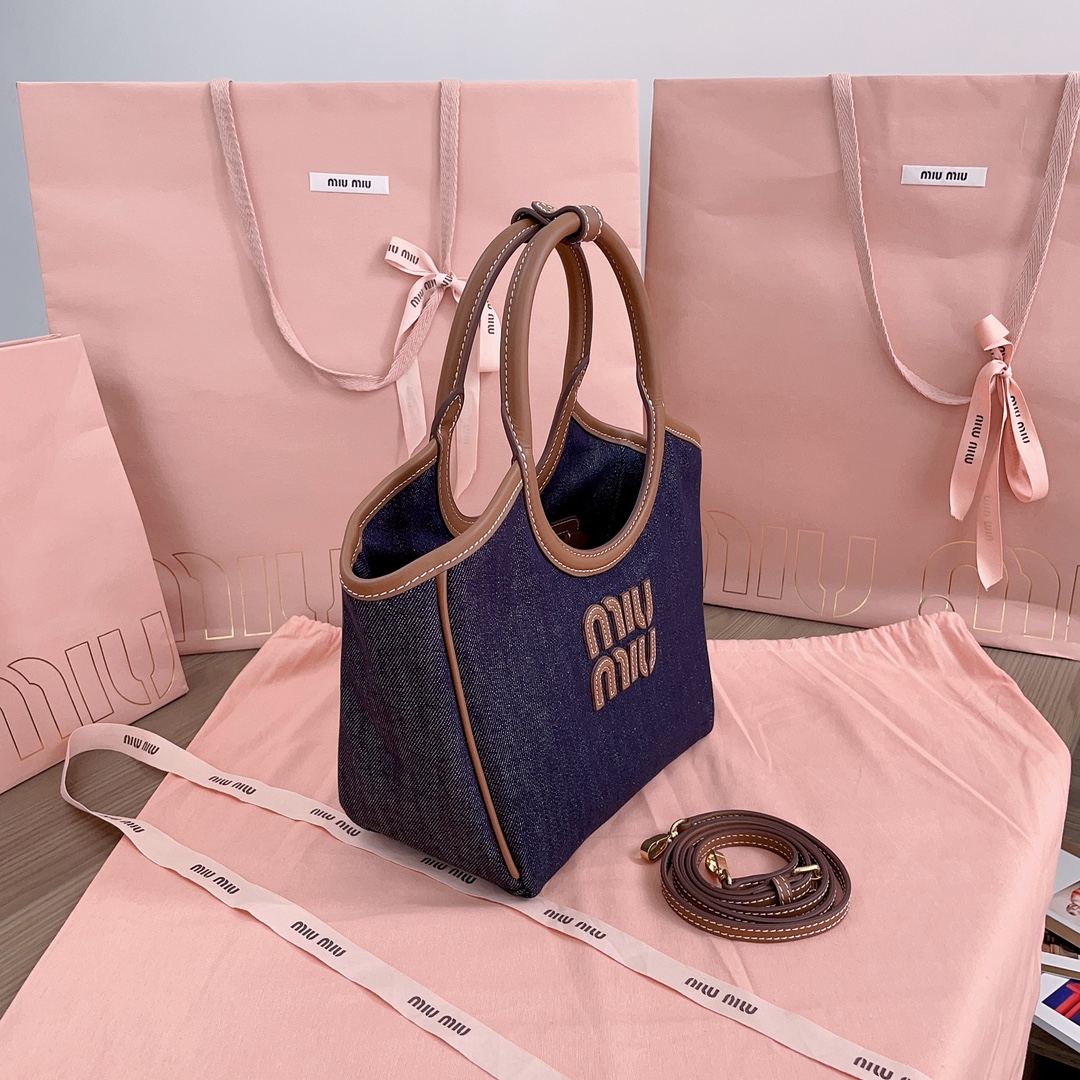 TOP Miu Miu Isedan Tote Bag Denim with Calfskin 22x14x11cm/28x26x12.5cm/38x38x18cm - Denim Blue