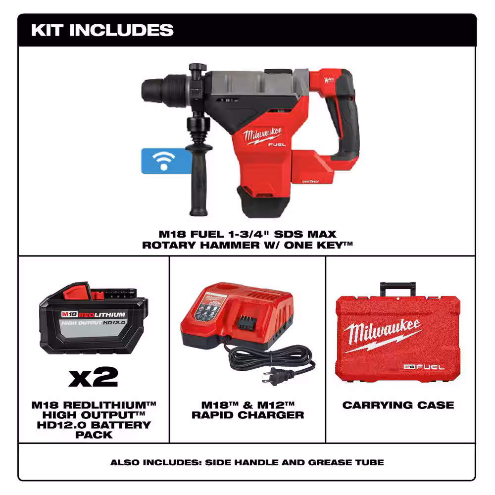 M18 FUEL ONE-KEY 18V Lithium-Ion Brushless Cordless 1-3/4 in. SDS-MAX Rotary Hammer with Two 12.0 Ah Battery