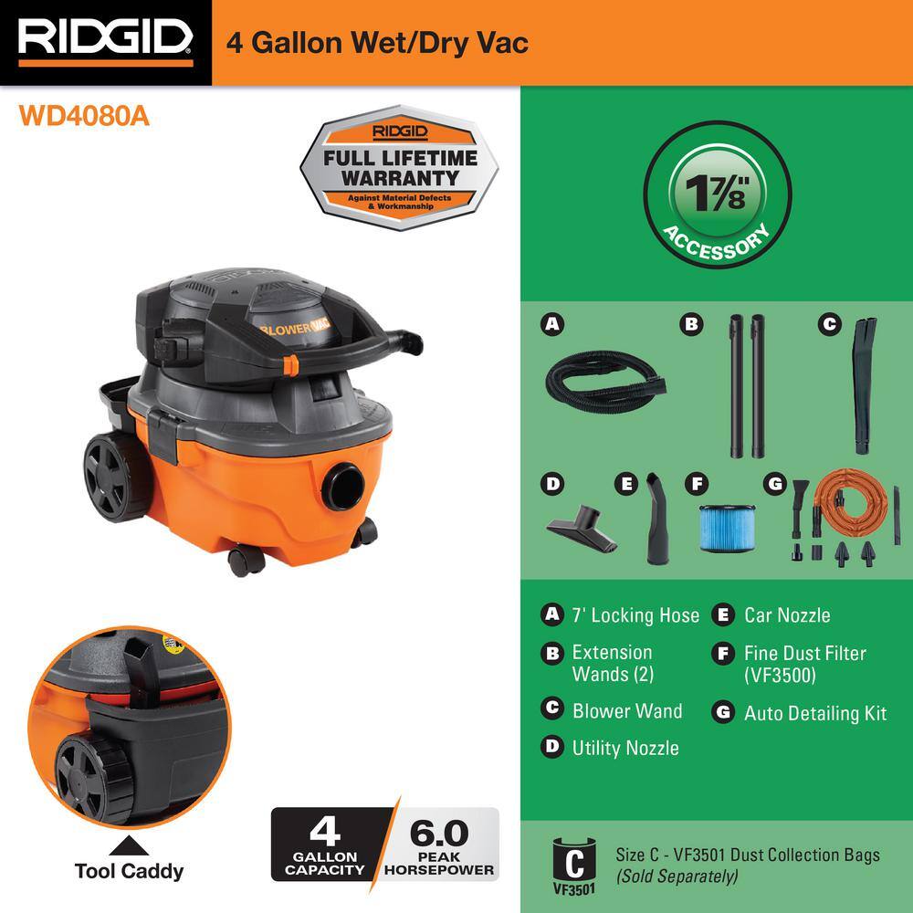 4 Gal. 6.0 Peak HP Shop Vac Wet Dry Vacuum with Detachable Blower, Fine Dust Filter, Hose, Accessories, Car Cleaning Kit