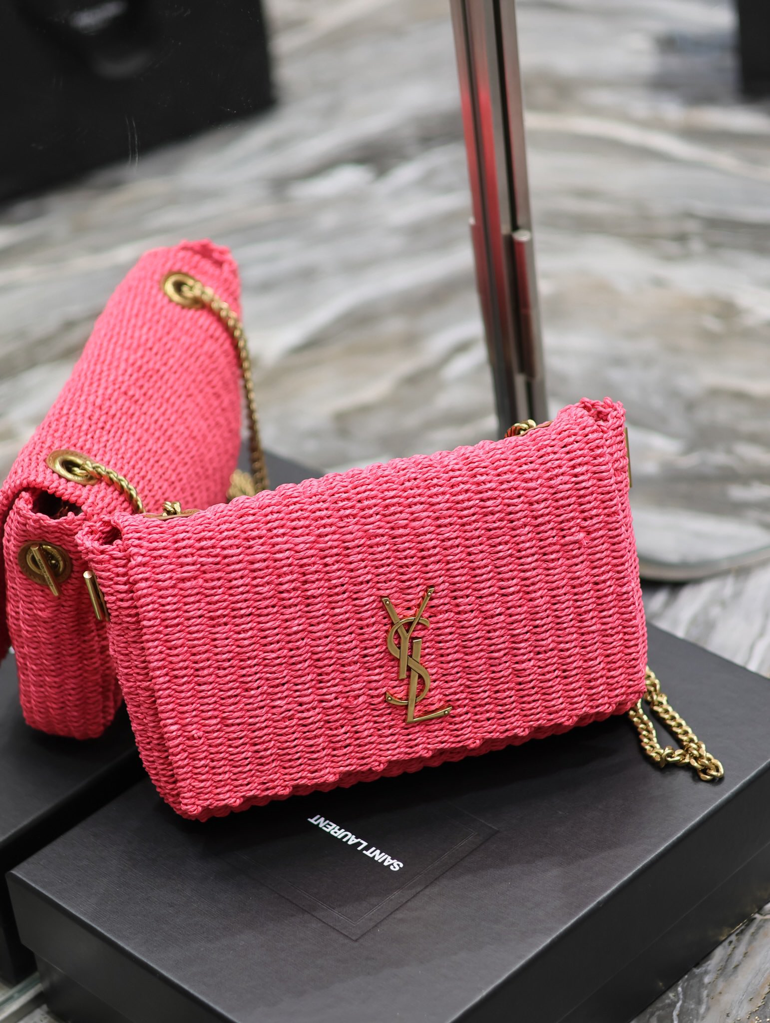 TOP Yves Saint Laurent YSL Lafite Grass Vine Weaving Craft Chain Pack - Rose Pink&GHW