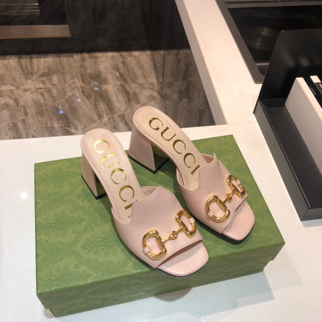 TOP GUCCI G*G Horsebit Slide Sandal Block Heels - Light Pink