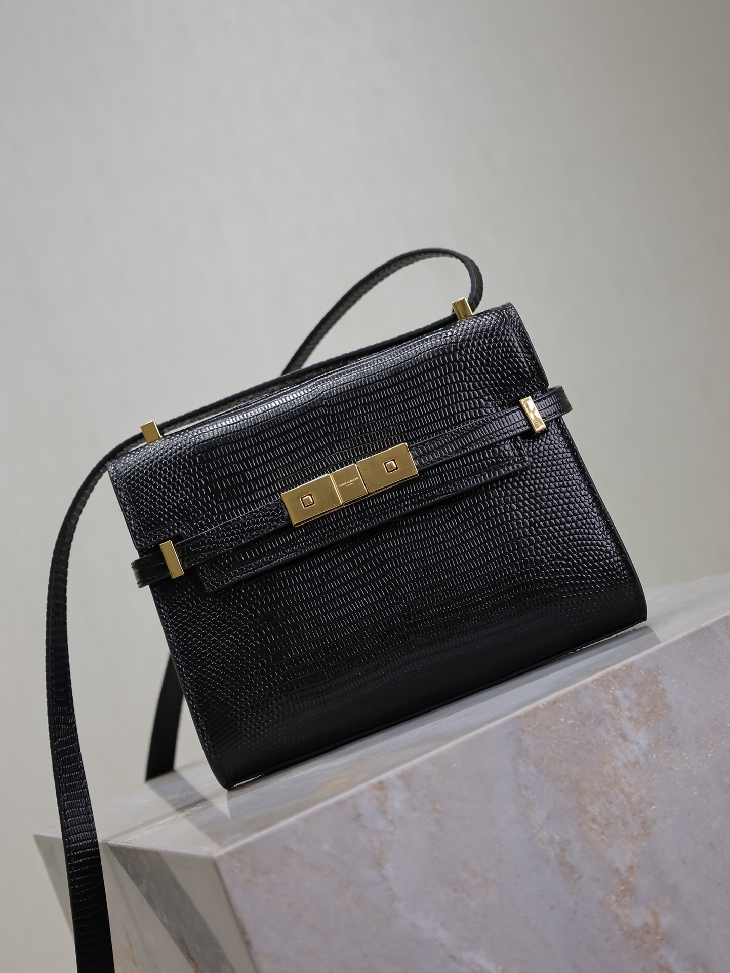 TOP Yves Saint Laurent YSL Manhattan Lizard Pattern Crossbody Satchel Bag 19×14×4cm - Black&GHW