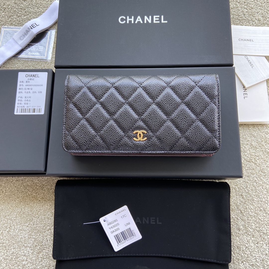 TOP CHANEL Wallet Grained Calfskin 18.5×10×2.5cm - Black & GHW/SHW