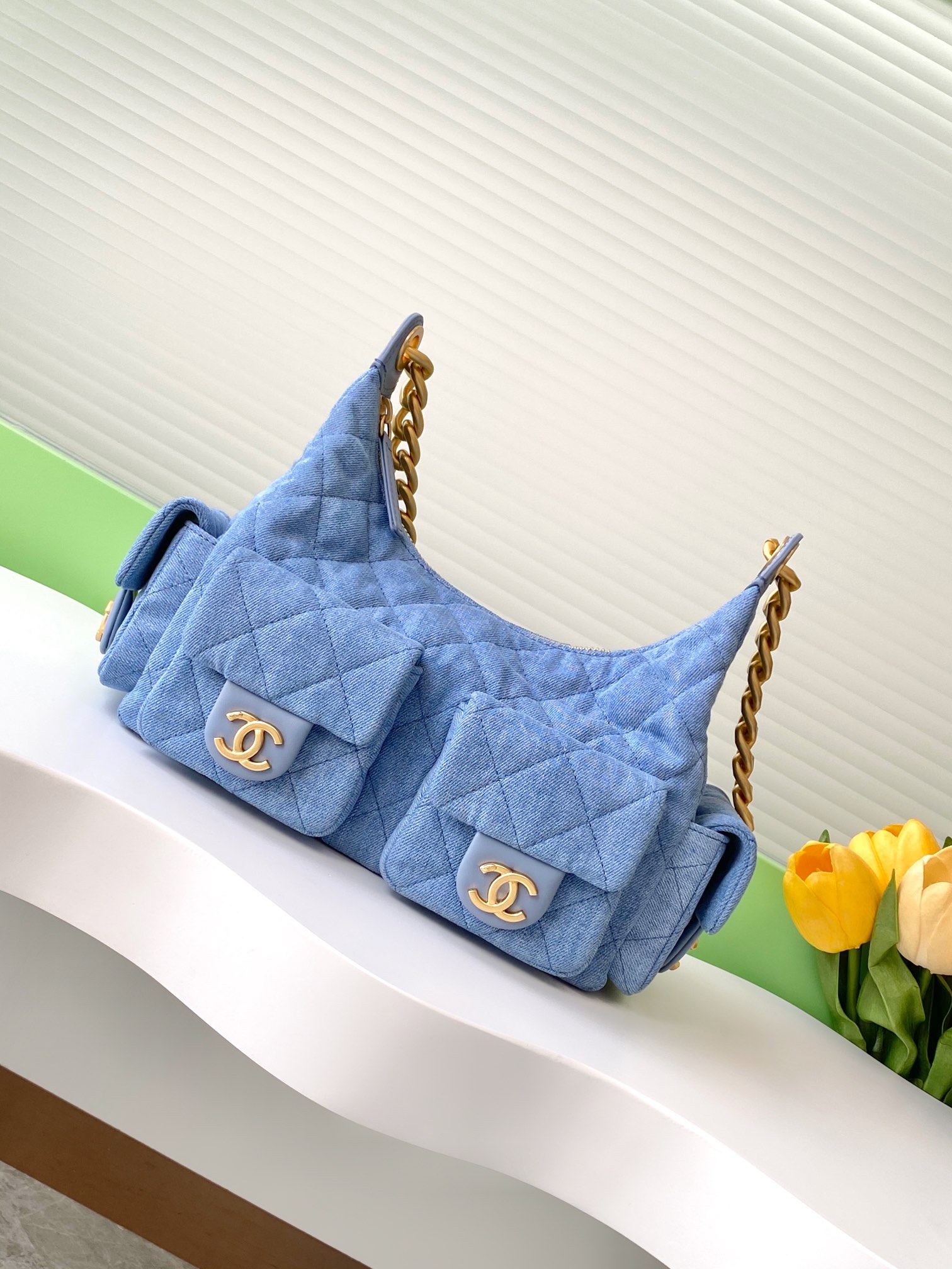TOP CHANEL Hobo Bag Lambskin/Denim 22x31x15cm/27x35x18cm - Denim Blue