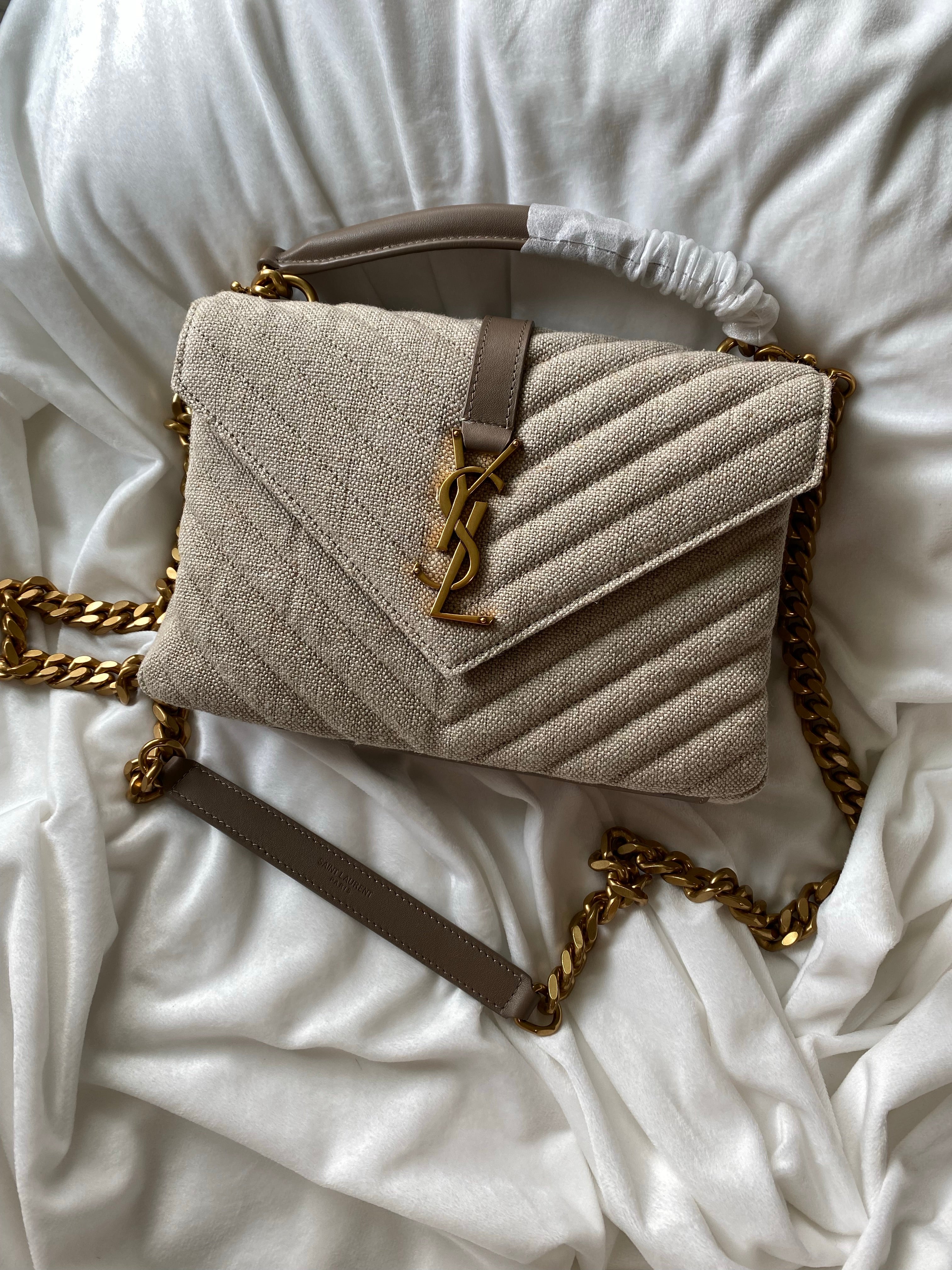 TOP Yves Saint Laurent YSL College Quilted Canvas Bag - Natural Taupe