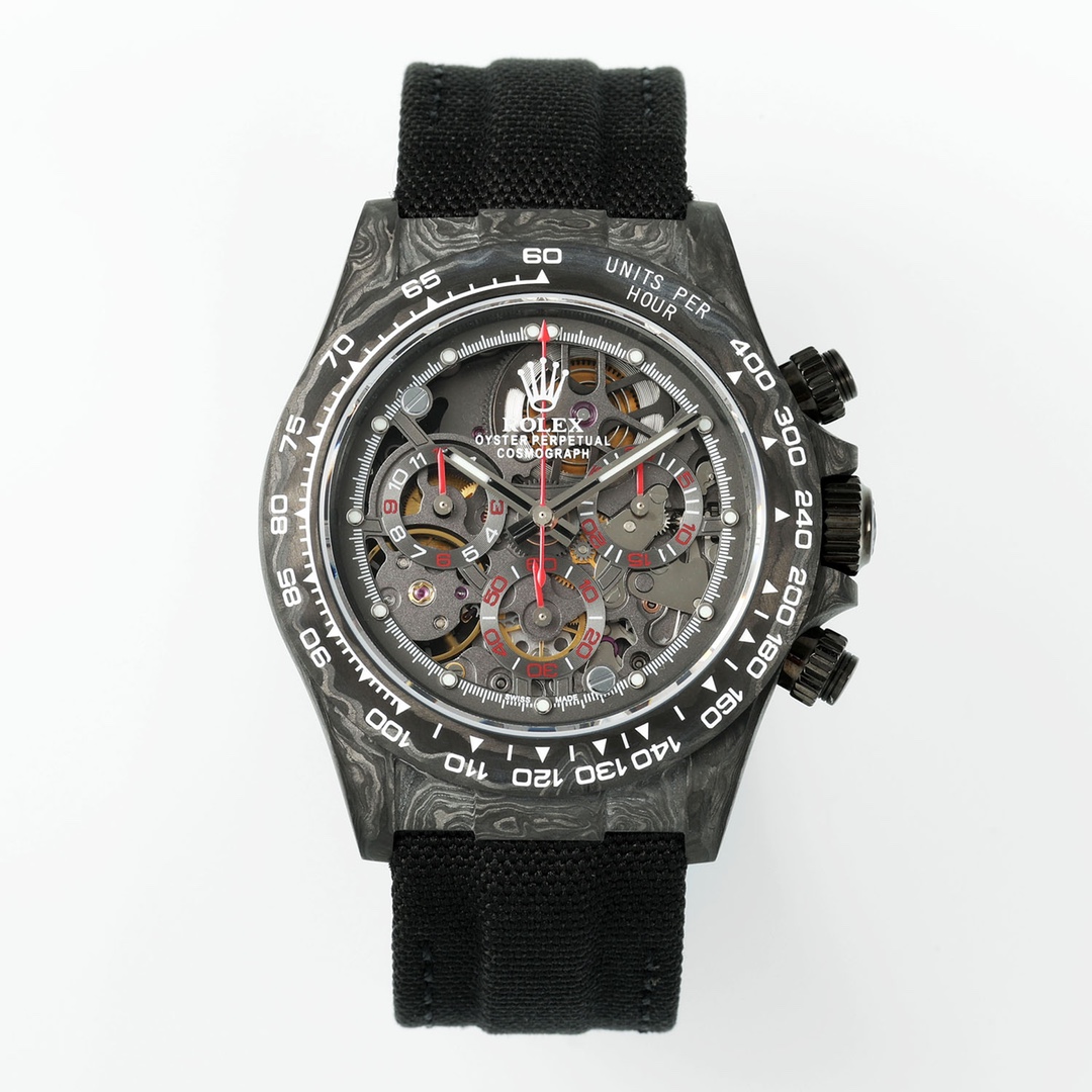 ROLEX Daytona Oyster Perpetual Cosmograph Skeleton Watch, Forged Carbon Case, Black Nylon Leather Strap, Mechanical Chronograph Men's Wrist Watch
