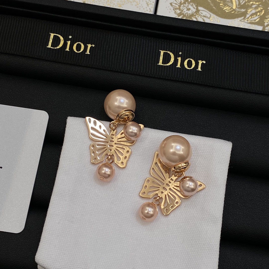 TOP Christian Dior Butterfly/Pearl Earrings - Rose Gold