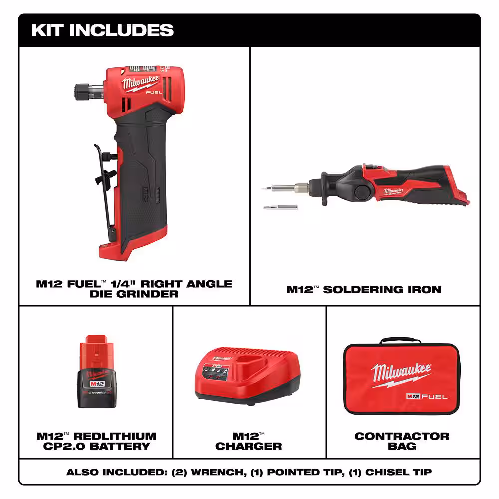 M12 FUEL 12V Lithium-Ion 1/4 in. Cordless Right Angle Die Grinder Kit with M12 Lithium-Ion Cordless Soldering Iron