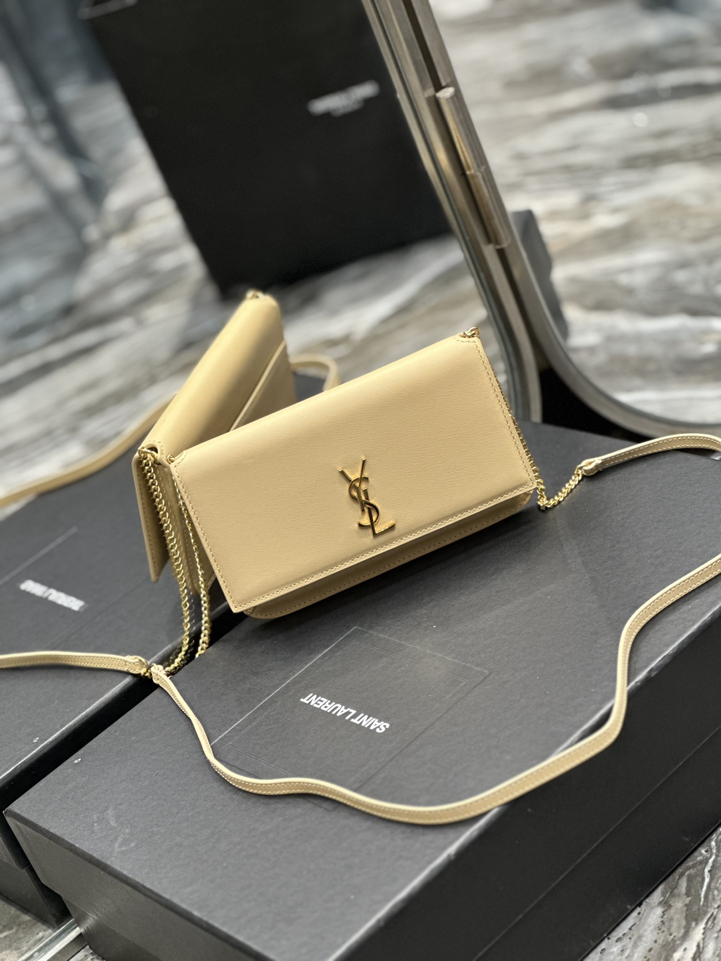 TOP Yves Saint Laurent YSL Monogram Phone Holder MINI Bag - Apricot & GHW - Hand Rubbing