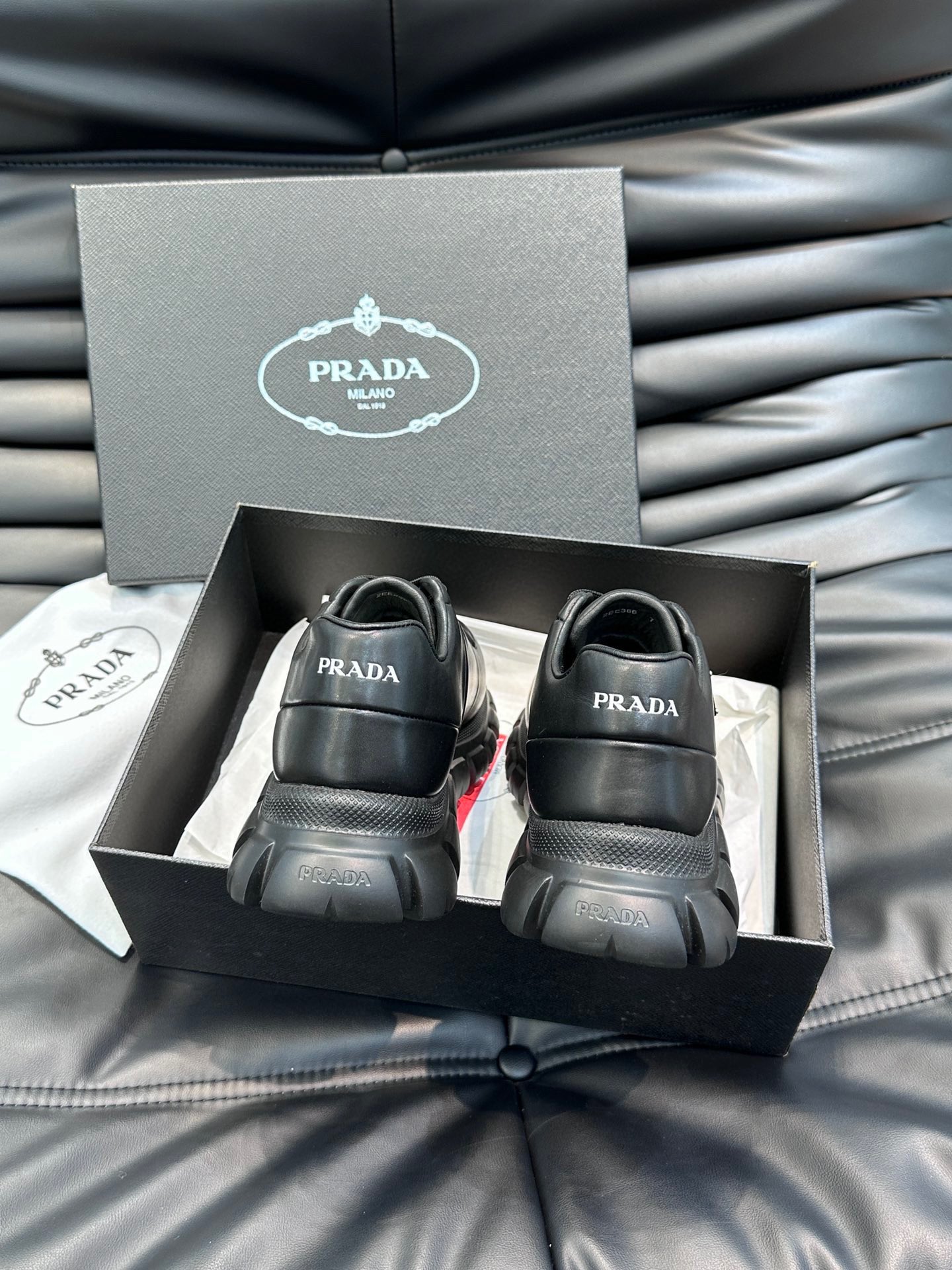PRADA Unisex Black Leather Chunky Tire Sole Sneakers, Triangle Logo Height-increasing Casual Shoes