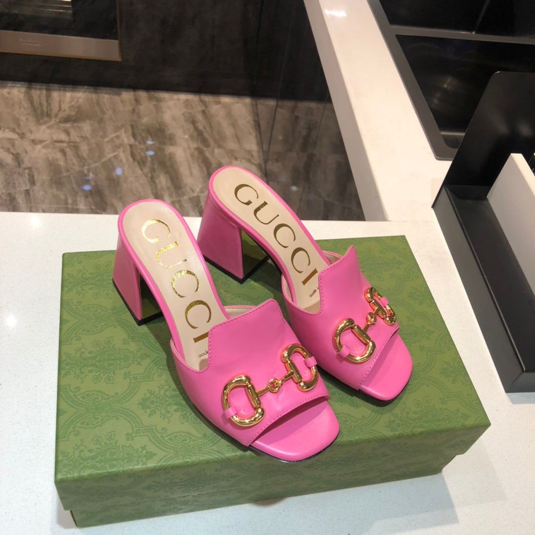 TOP GUCCI G*G Horsebit Slide Sandal Block Heels - Hot Pink