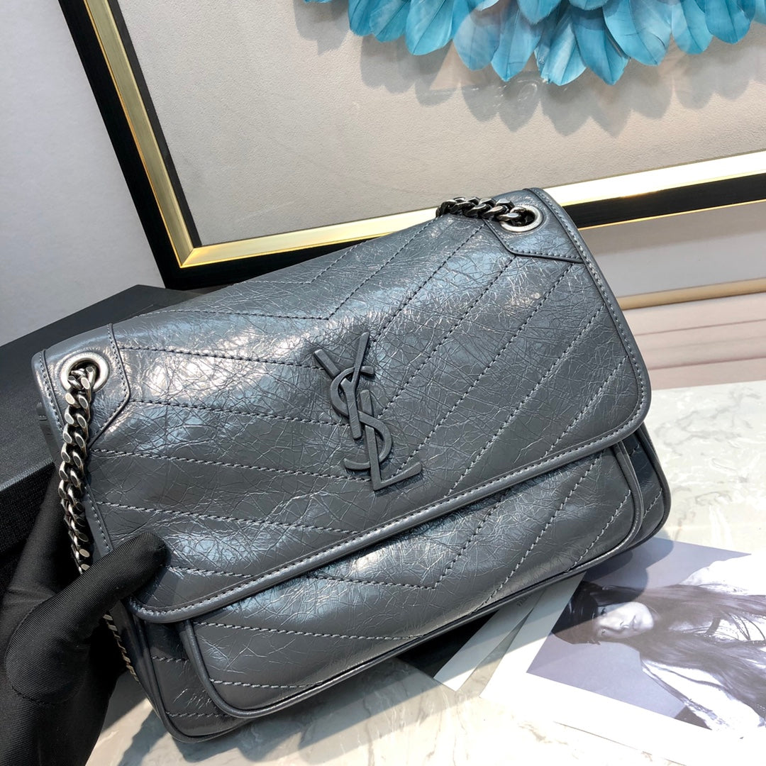TOP Yves Saint Laurent YSL Medium Niki Wrinkles Leather Bag - Stormy Grey