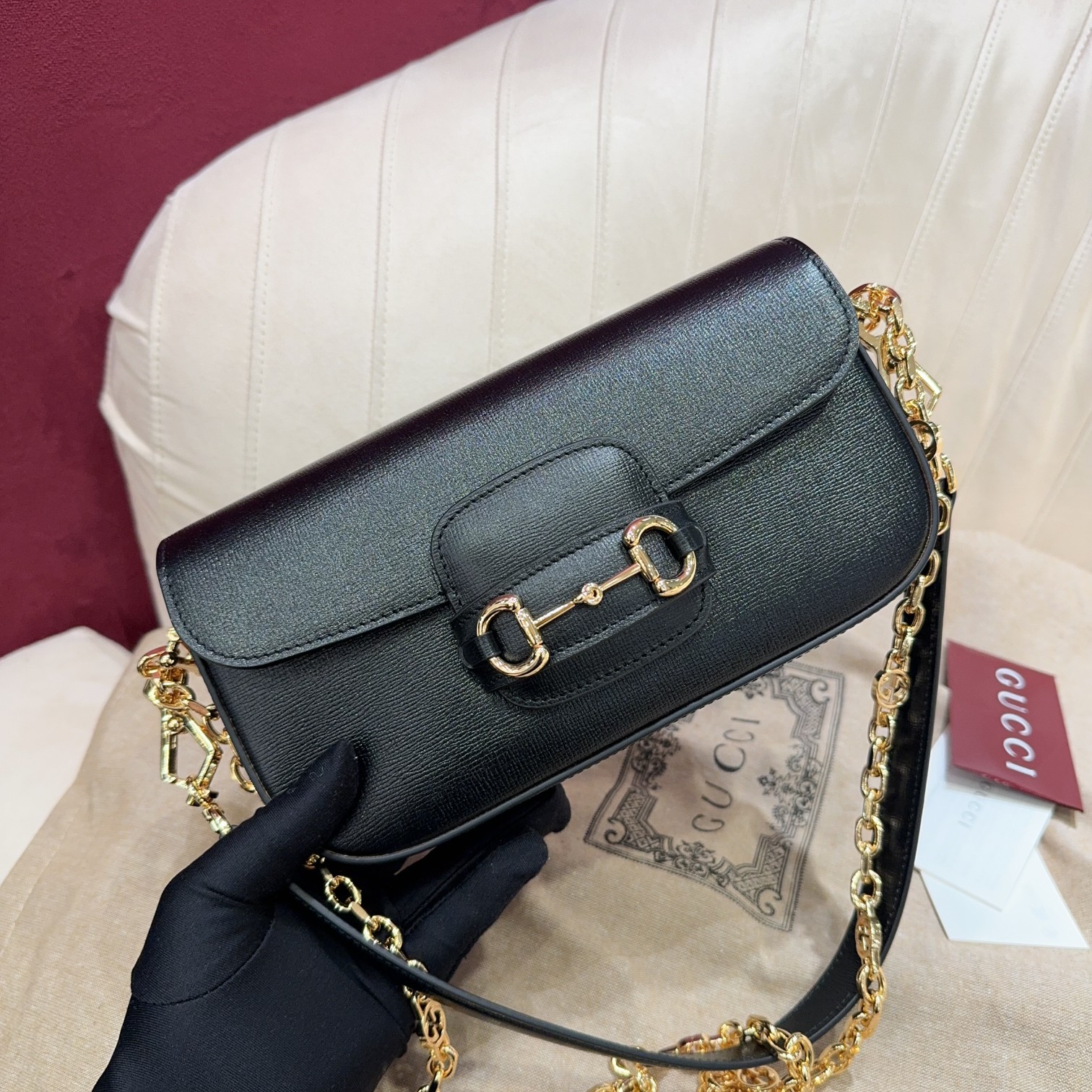 TOP GUCCI Horsebit 1955 Bag Textured Leather 24*13*5.5cm - Black