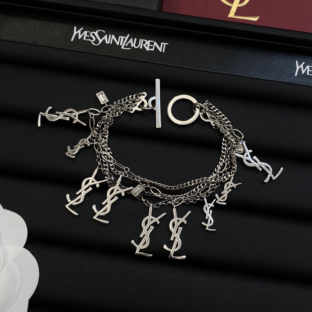 TOP Yves Saint Laurent YSL Bracelet with Logos - Silver