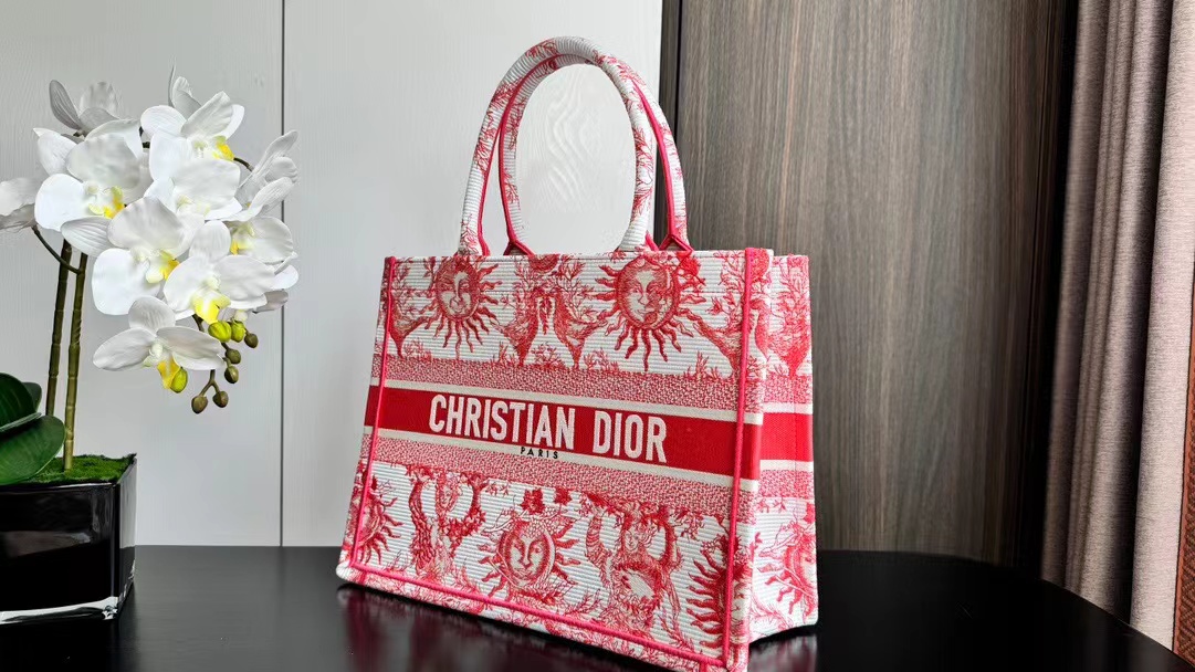 TOP Christian Dior Book Tote Toile de Jouy Soleil Embroidery Bag 36 x 27.5 x 16.5 cm - Coral