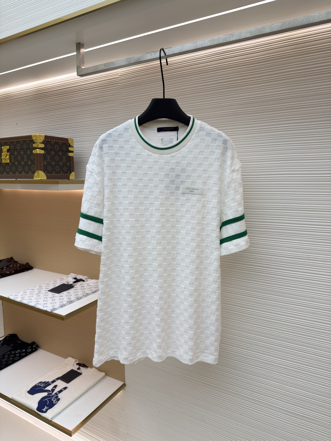 LOUIS VUITTON 毛巾布字母徽章拼色棋格提花针织短袖