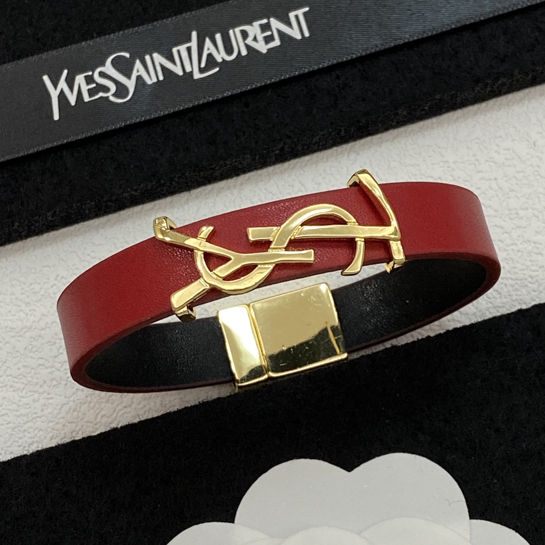TOP Yves Saint Laurent YSL Cassandre Leather Bracelets - Red