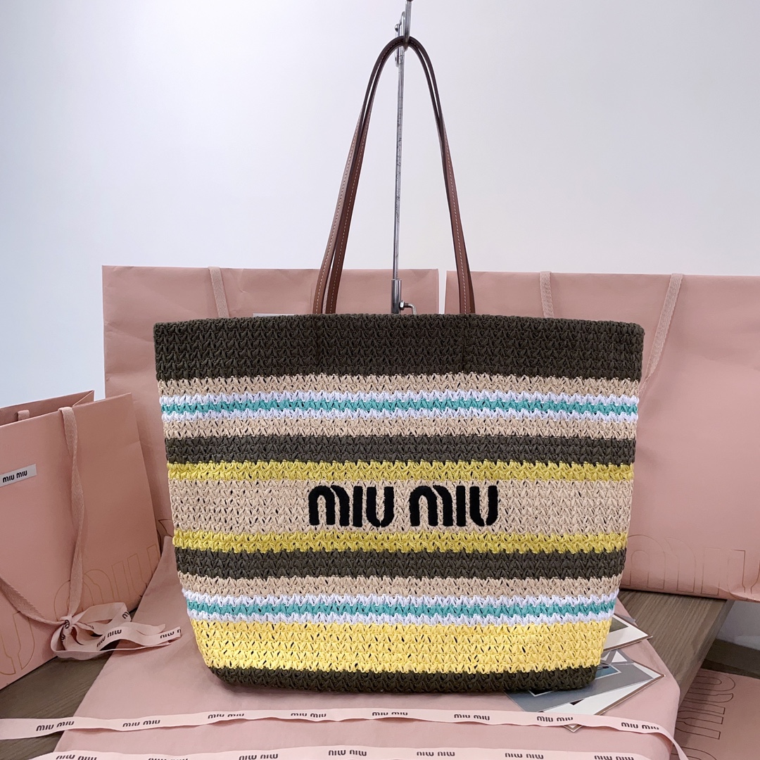 TOP Miu Miu Raffia Straw  Tote Bag 40 X 34 X 16 CM - Brown and Blue and White