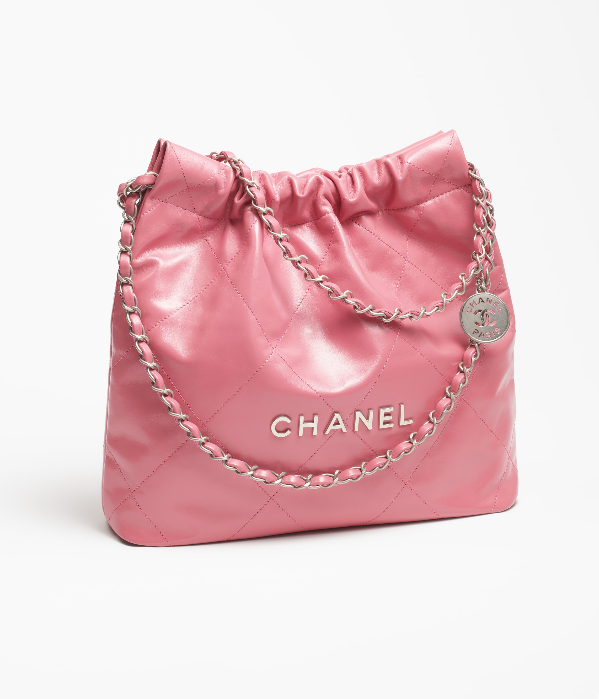 CHANEL 22 SMALL HANDBAG Calfskin & Silver Metal Pink