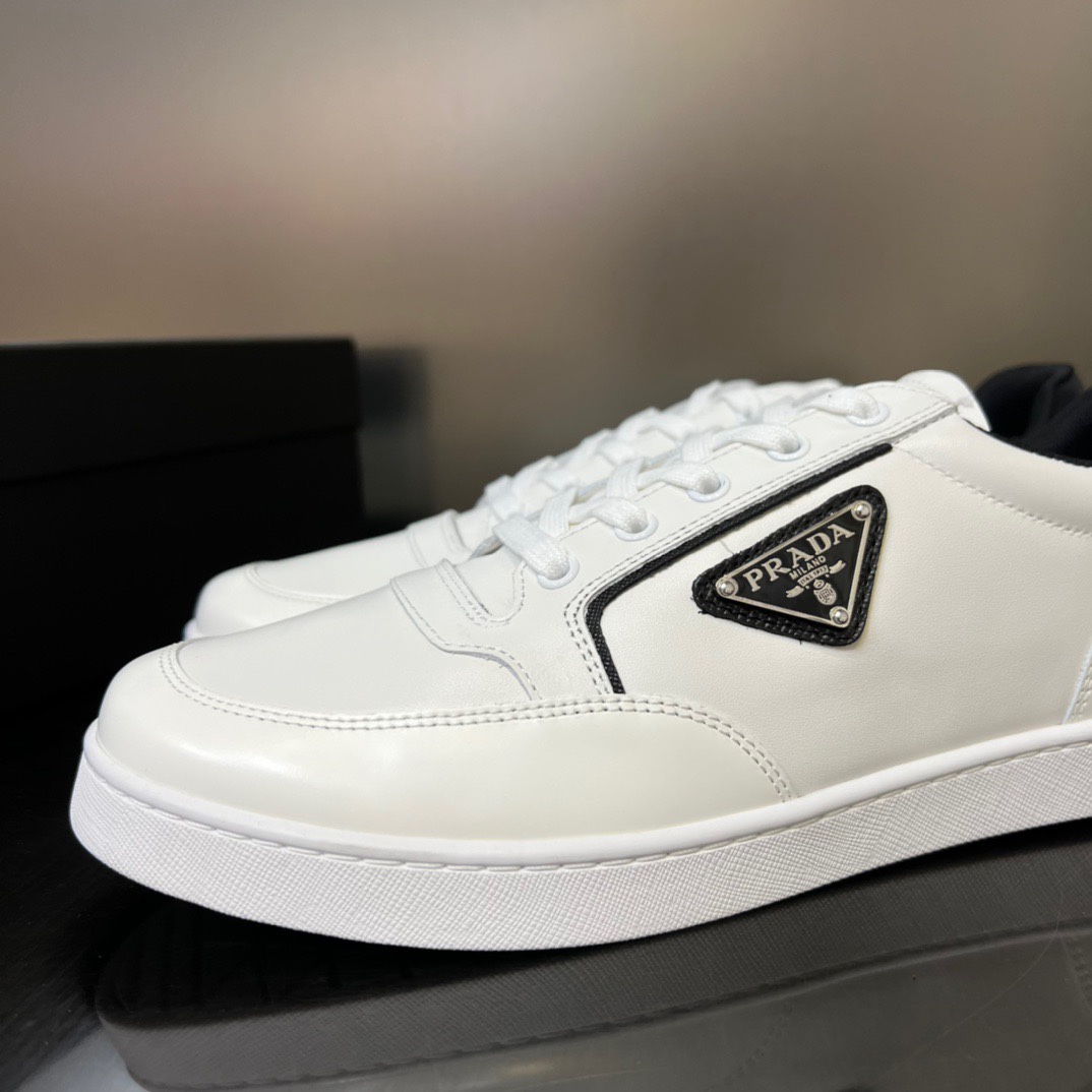 PRADA Unisex White Leather Low-top Sneakers, Black & White Contrast Triangle Logo Casual Shoes
