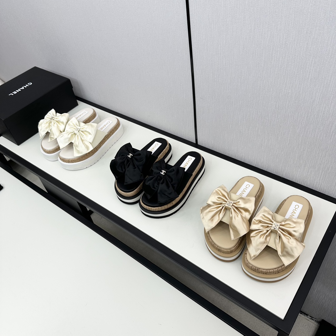 TOP CHANEL Platform Slippers with Big Bow - 3 Color