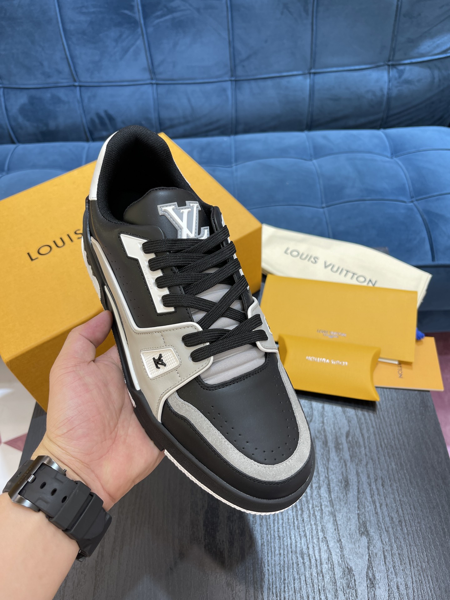 Louis Vuitton Trainer #54 Black Grey Leather Low‑Top Sneakers Unisex Casual Street Shoes