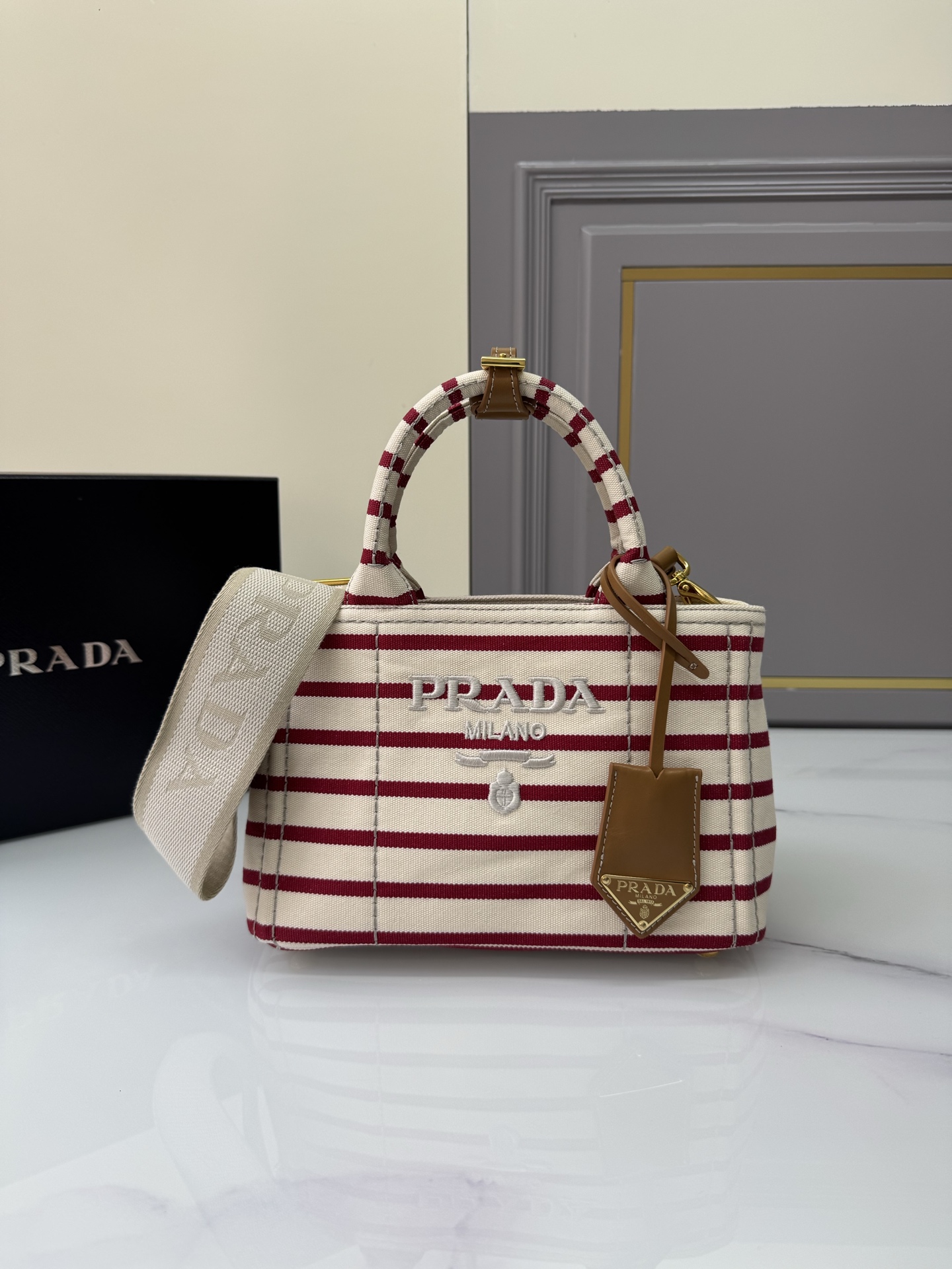 TOP PRADA Mini Striped Bag Canvas 22x15x13cm - 2 Color