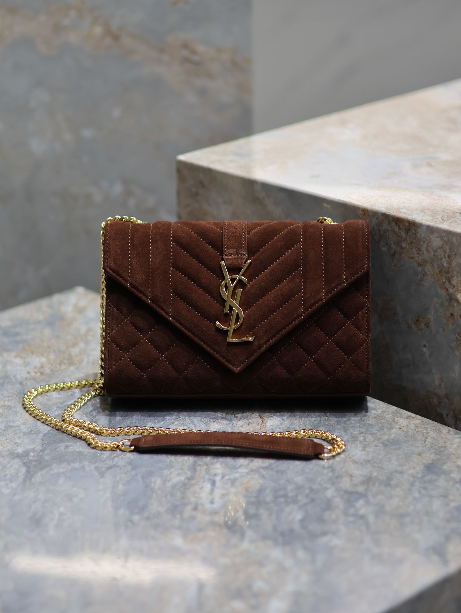 TOP Yves Saint Laurent YSL Envelope Chain Wallet Grain Leather - 2 Sizes - Reddish Brown - GHW