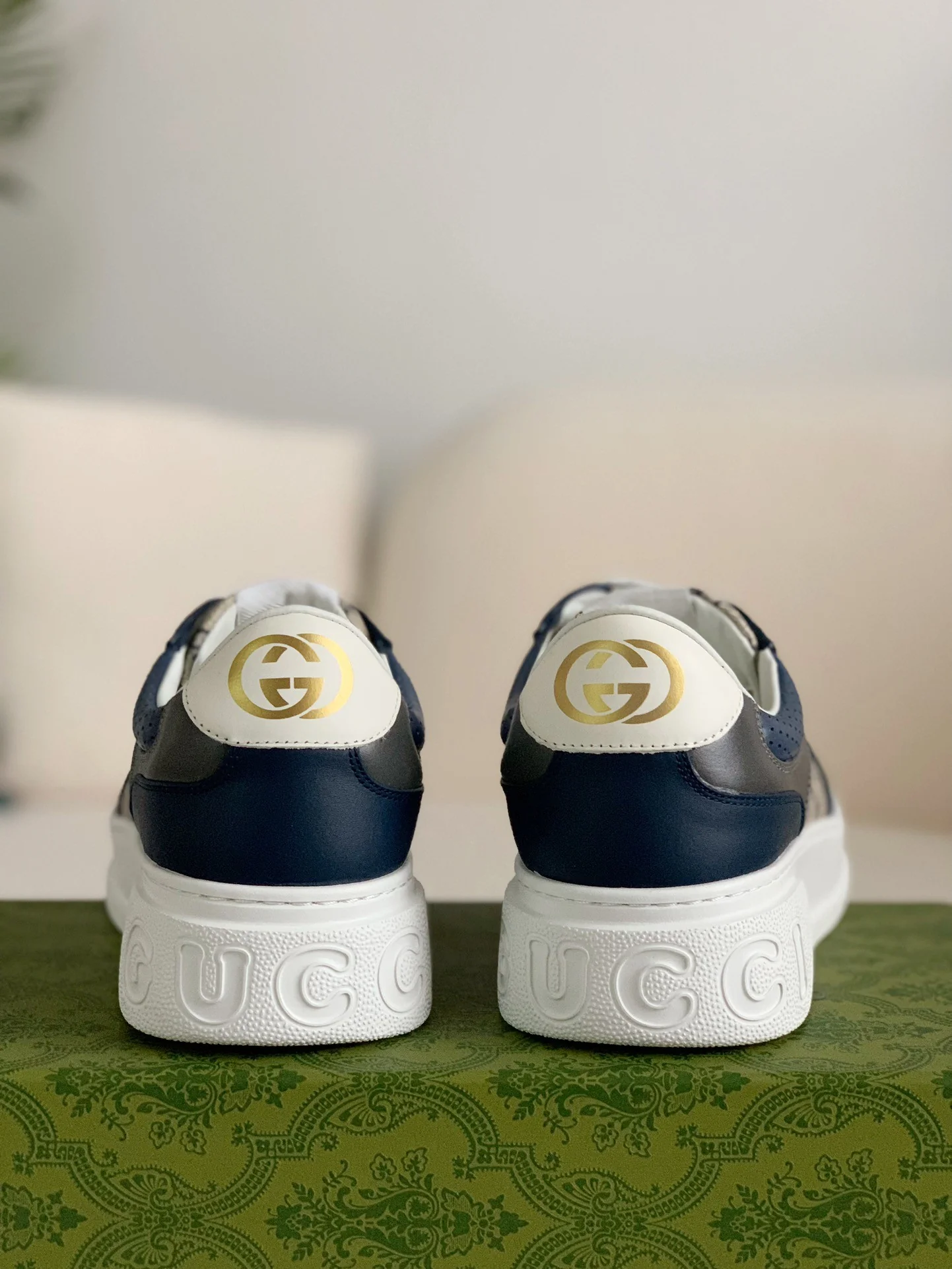 AAAShose Monogram Jacquard Patchwork Platform Sneakers, Navy Blue Leather Low Top Thick Sole Casual Street Shoes Unisex