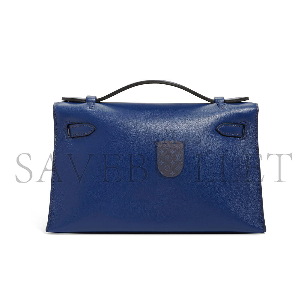HERMÈS A BLEU SAPHIR SWIFT LEATHER KELLY POCHETTE WITH GOLD HARDWARE (22*14*7cm)