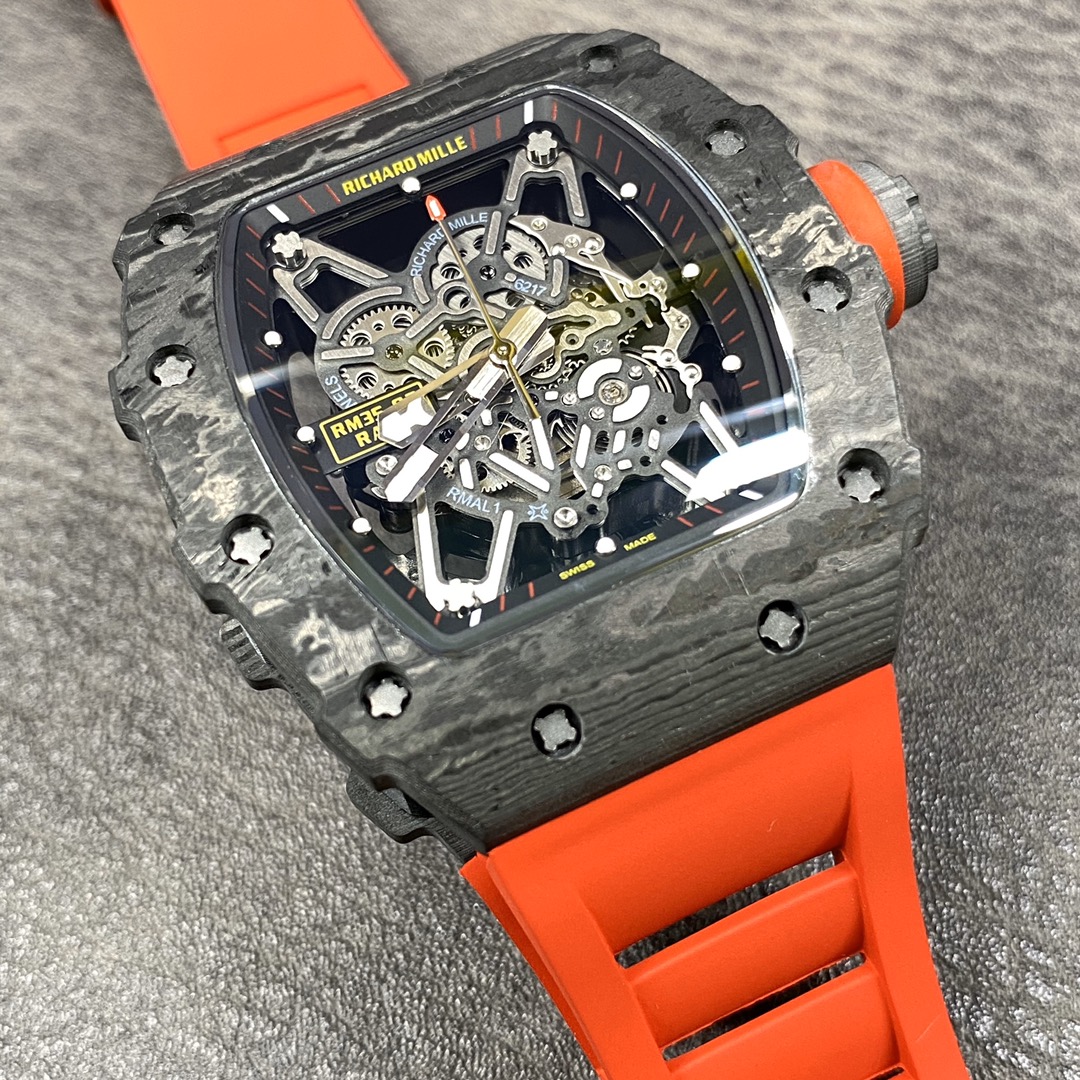 Richard Mille RM35-02 Skeleton Automatic Watch, Carbon Fiber Case with Orange Rubber Strap