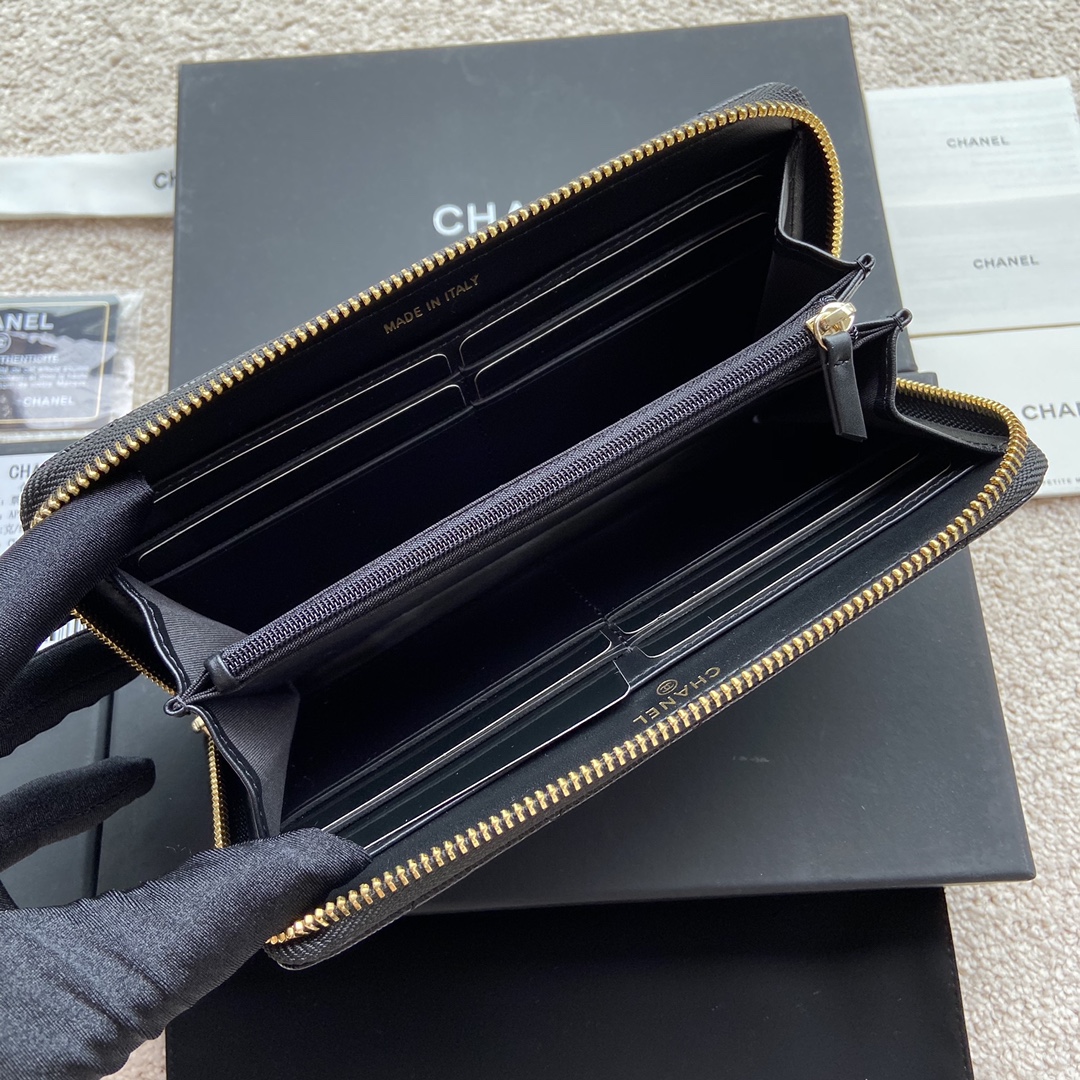 TOP CHANEL Wallet Grained Calfskin 19.5×10.5×2cm - Black & GHW