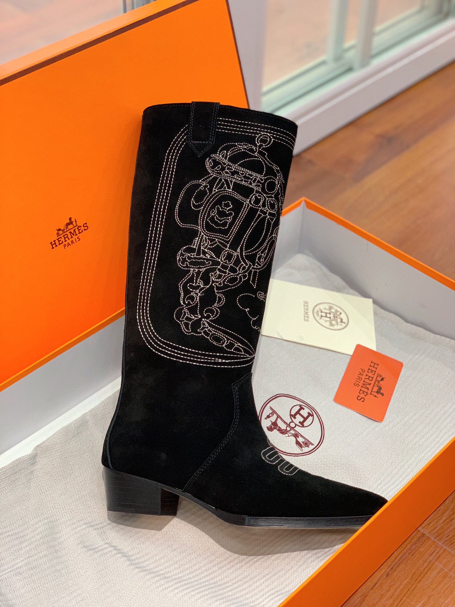TOP HERMES Cow Boy Boots - Brown/Black/Black Suede