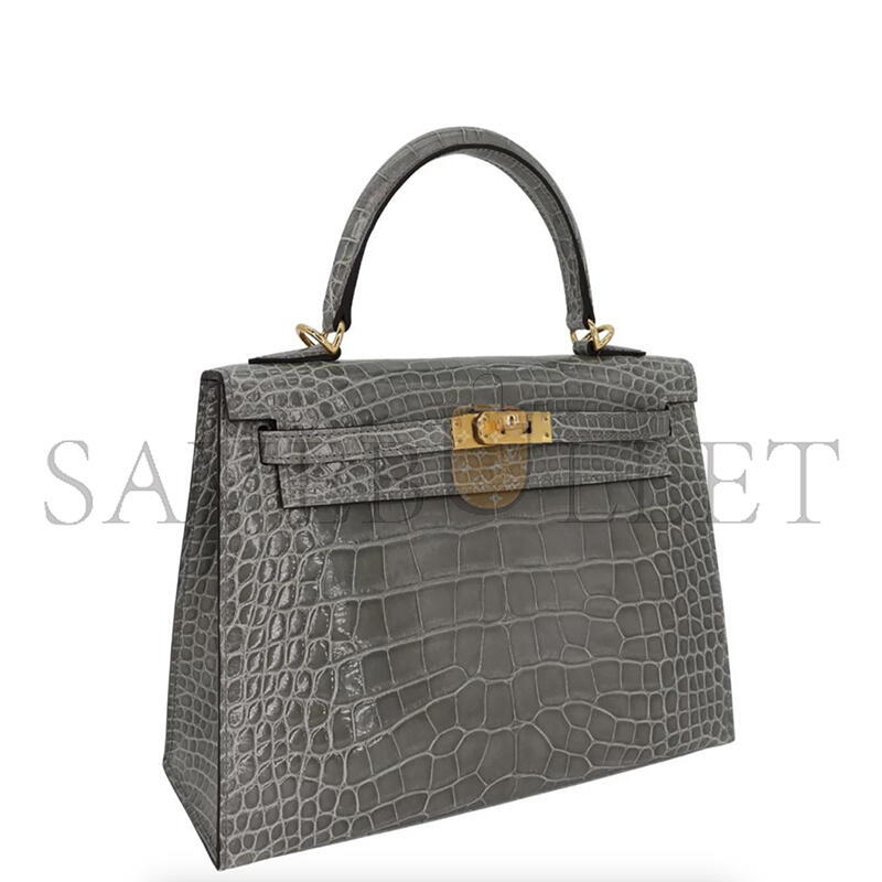 HERMÈS KELLY 25 SELLIER GRIS CEMENT SHINY ALLIGATOR GOLD HARDWARE (25*17*7cm)