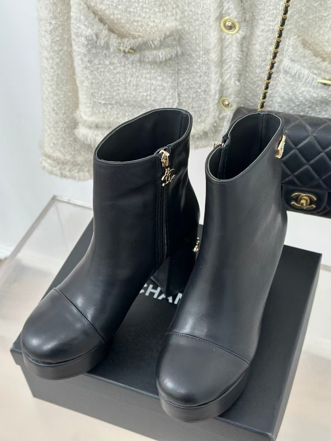 TOP CHANEL Cowhide Embossed Classic  Boots - Black