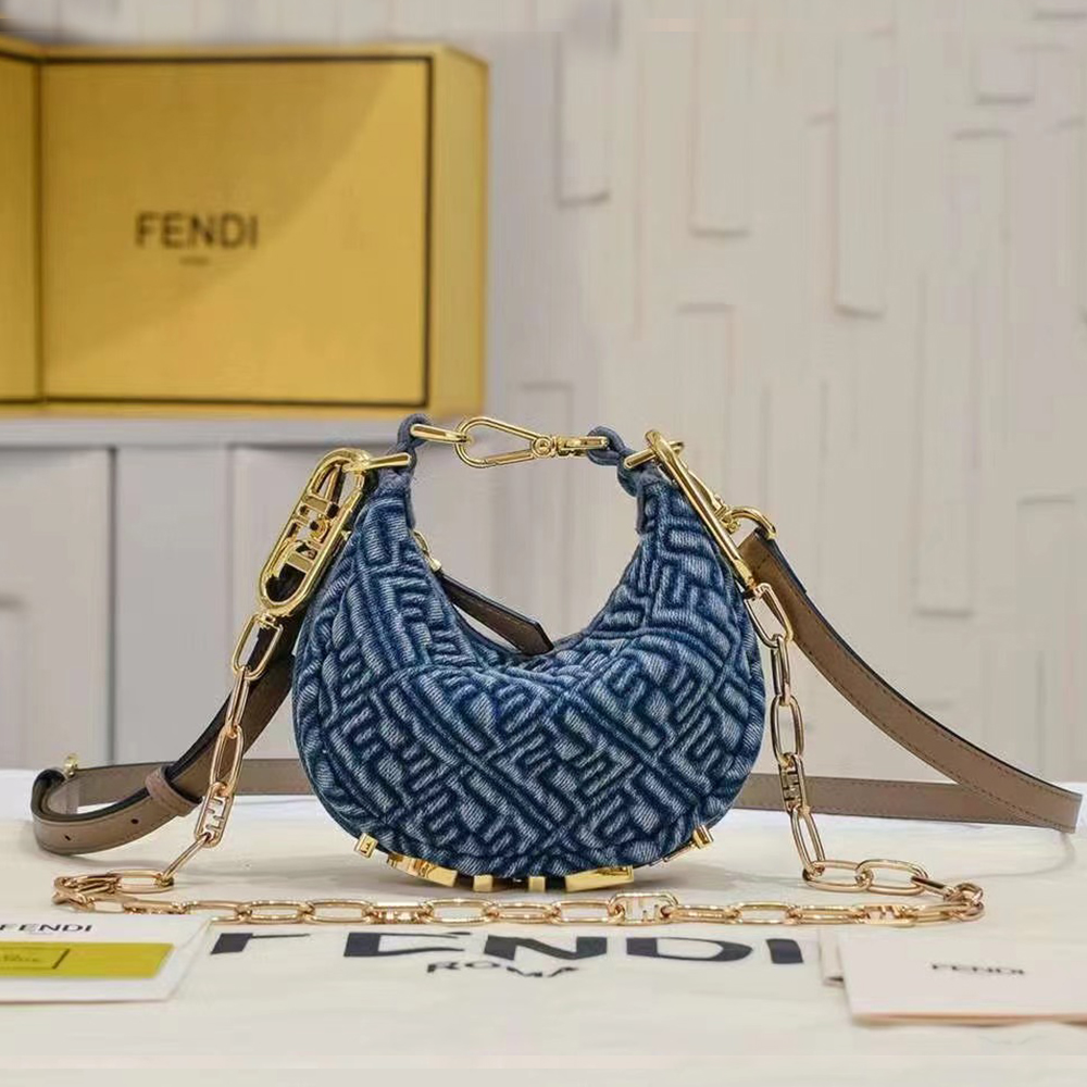 Fendi graphy Small Light blue FF denim fabric bag (Replica)