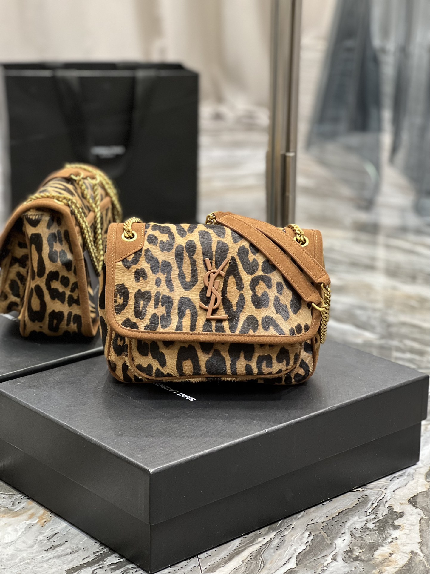 TOP Yves Saint Laurent YSL Leopard Print Series Niki Bags - Coffee Colors - 2 Size&GHW