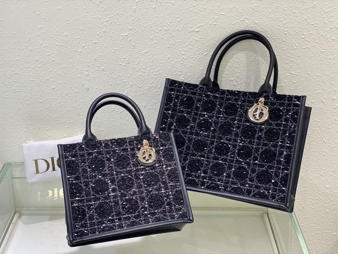 TOP Christian Dior Coarse Tweed Embroidery Tote Bags 26.5cm/36.5cm - 2 Sizes