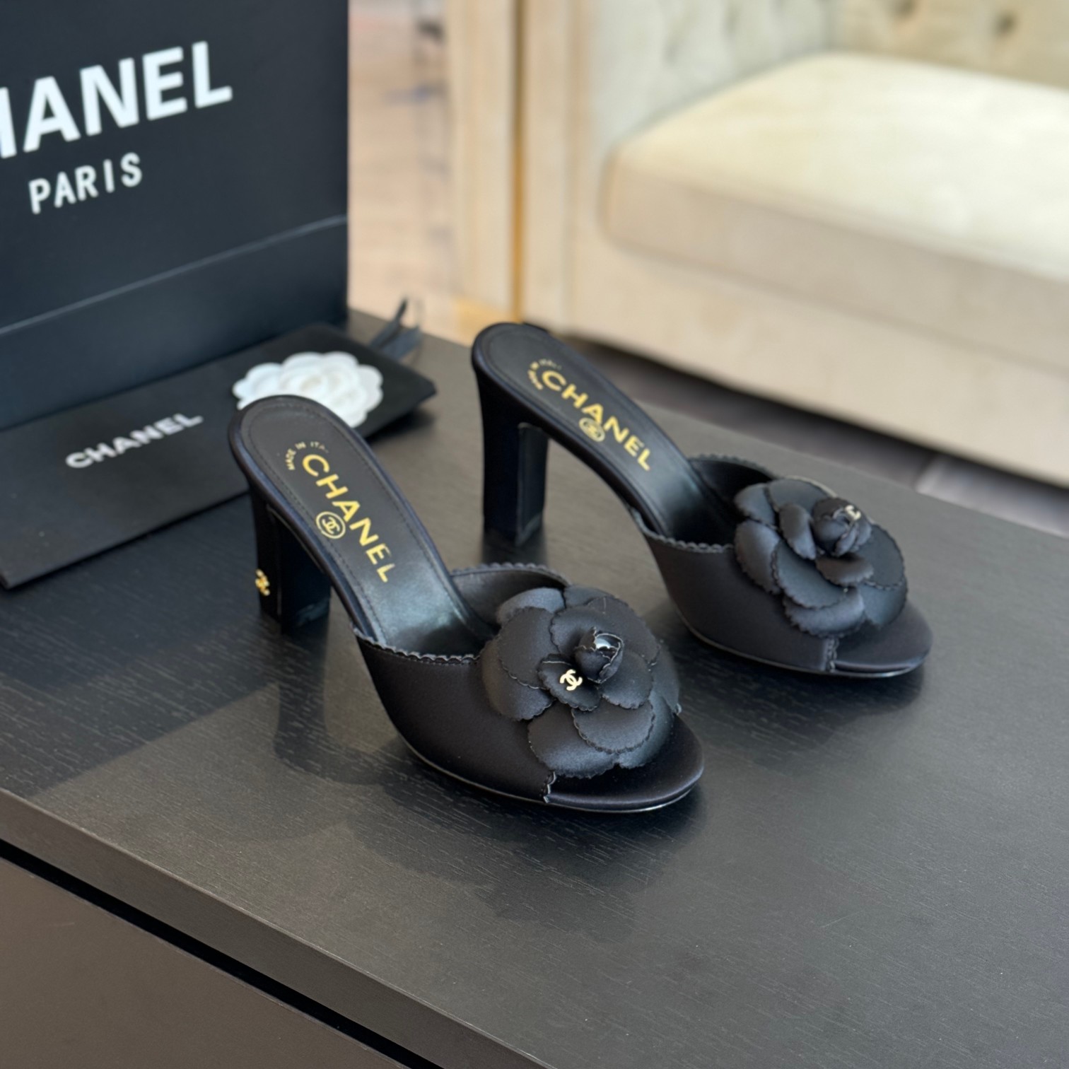 TOP CHANEL 8cm High Heel Camellia Slippers - 5 Color