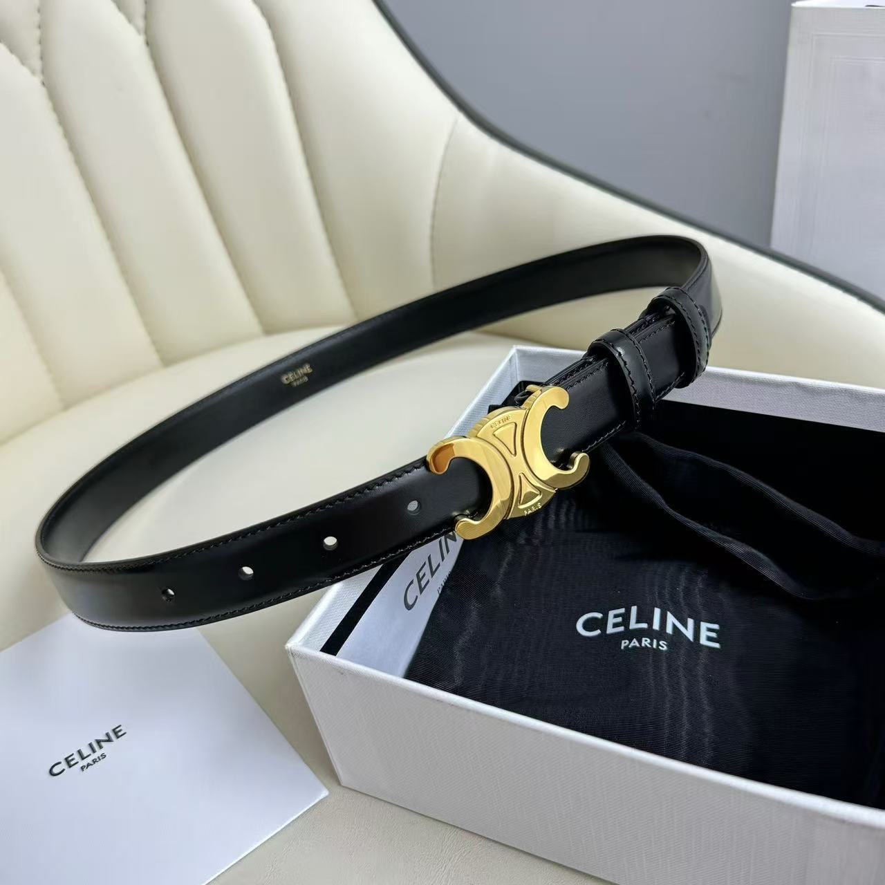 Celine Triomphe Buckle Leather Belt, Classic Smooth Cowhide Waist Belt for Women, Luxury Fashion Accessory
