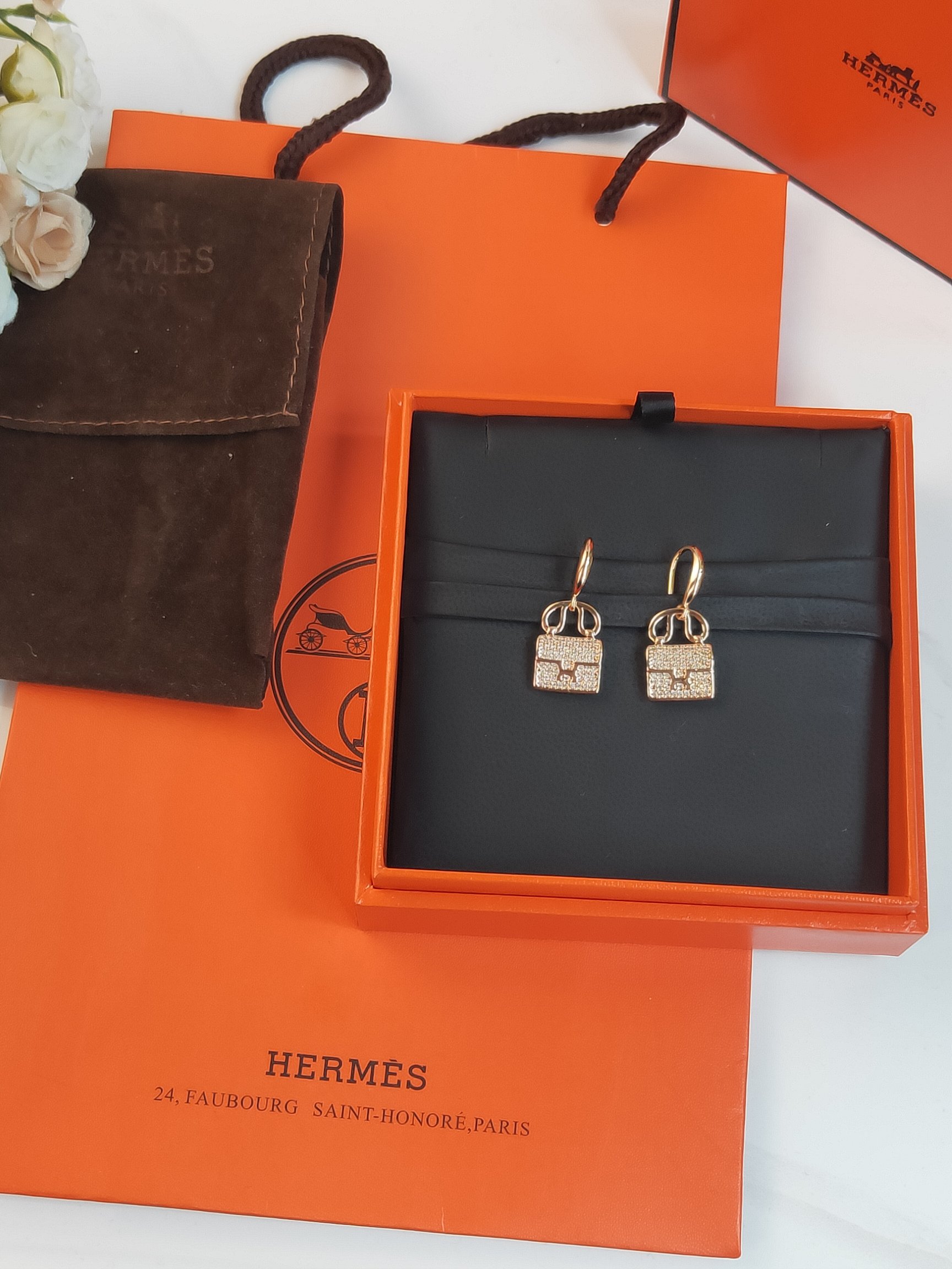 TOP HERMES Diamond Bag Earring-Gold